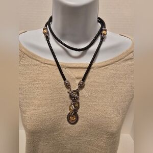 Brighton Vintage Braided Black Leather Necklace With Silver And Gold Charms
